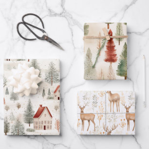 Set of 3 Country Whimsical Woodsy Wrapping Paper Sheet