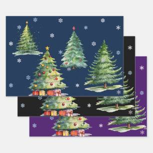 Set of 3 Elegant Night Christmas Tree Gift Wraps Wrapping Paper Sheet