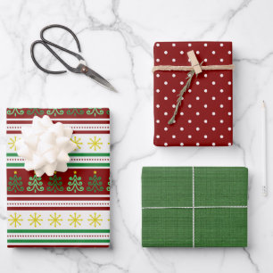 Set of 3 Festive, Coordinating Christmas Wrapping Paper Sheet