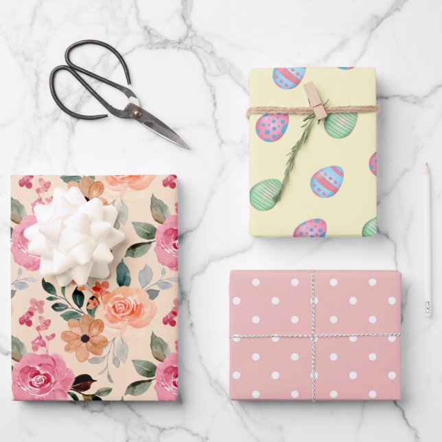 Set of 3 Floral Roses, Easter Eggs & Polka Dots Wrapping Paper Sheet (Front)