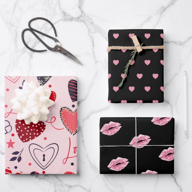Set of 3; Hearts, Kisses, Polka Dots Valentine's   Wrapping Paper Sheet (Front)