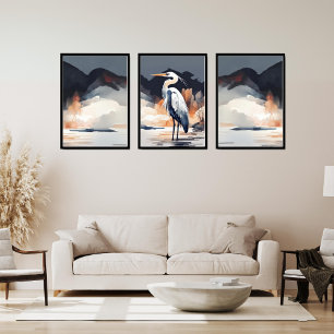 Set of 3 Heron Landscape Paintings   Orange & Gray