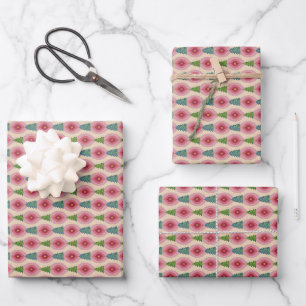 Set of 3 - Holiday Pattern with Watercolor Trees Wrapping Paper Sheet