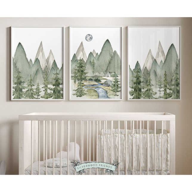 Set of 3 Mountain Nursery Prints (Set of 3 Mountain Print Set, featuring a watercolour woodland forest landscape and mountains.)