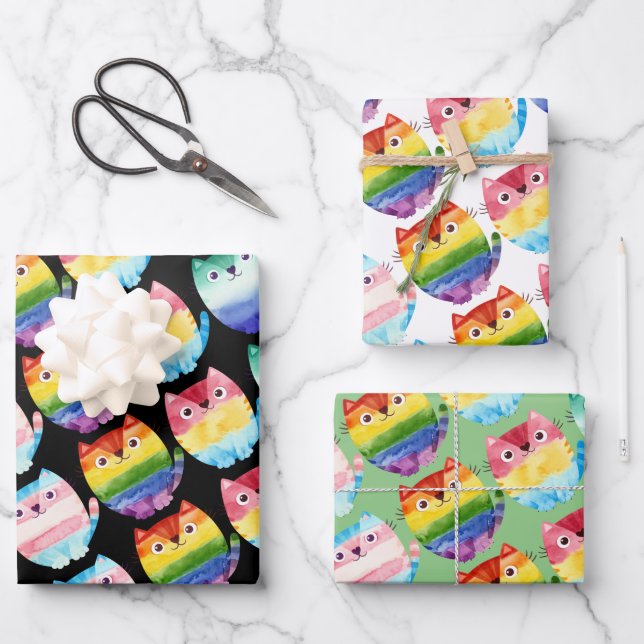 Set of 3 Pride Cats Wrapping Paper Sheet (Front)