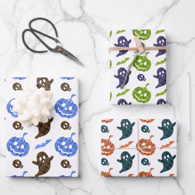 Set Of 3 Pumpkins & Ghosts Wrapping Paper (Front)