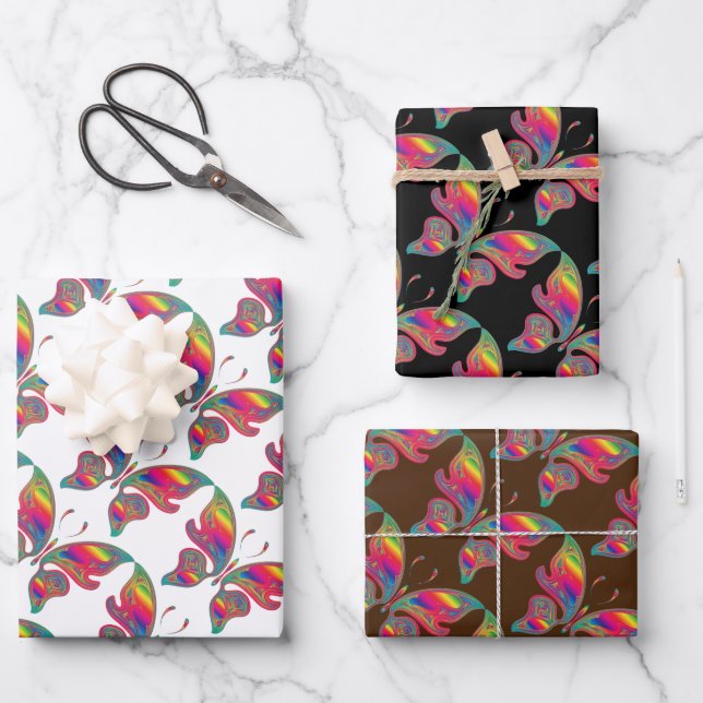 Set of 3 Rainbow Butterflies Wrapping Paper Sheet (Front)