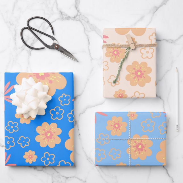 Set of 3 Retro Floral Pattern Wrapping Paper Sheet (Front)
