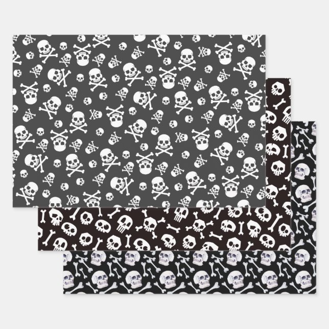 Set of 3 Skull and Crossbones White Wrapping Paper Sheet (Set)