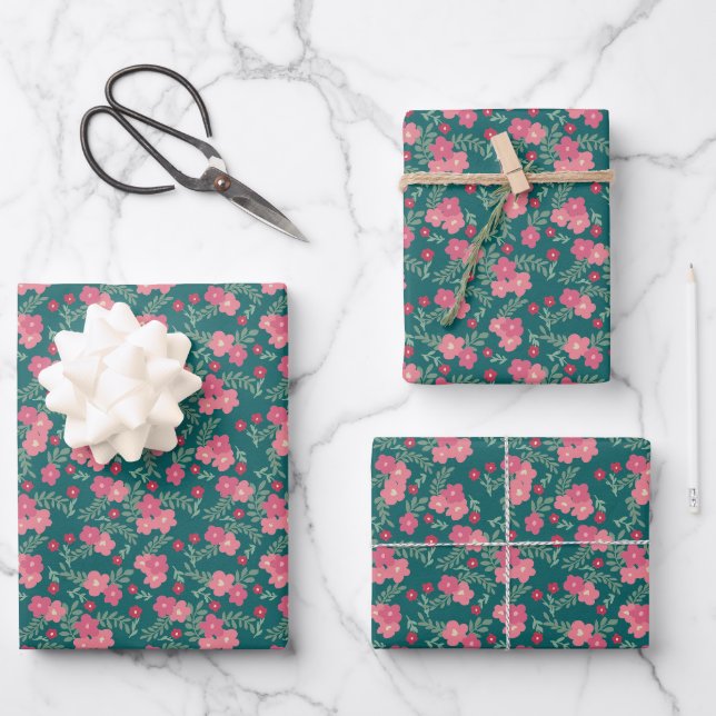 Set of 3 - Soft Holiday Floral Wrapping Paper  (Front)