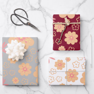 Set of 3 Unique Retro Flower Wrapping Paper Sheet