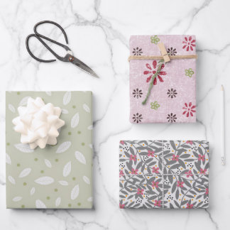 Set of 3 Wrapping Papers in florals and leaves  Paper Sheet