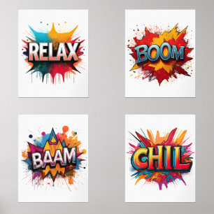 Set of 4 Comic Sound Effect Word Art Prints