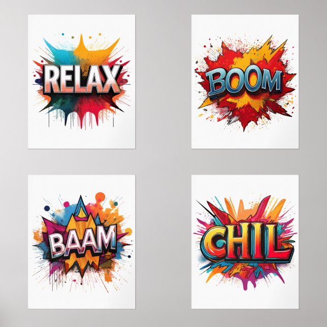Set of 4 Comic Sound Effect Word Art Prints (Front)