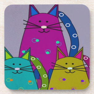 Set of 6 Coasters - Folk art - Three Cats Posing
