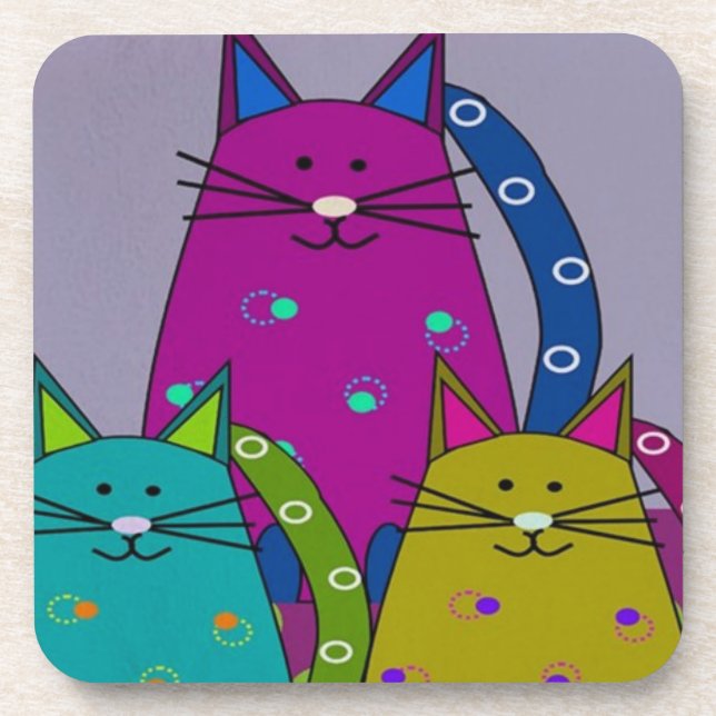 Set of 6 Coasters - Folk art - Three Cats Posing (Front)