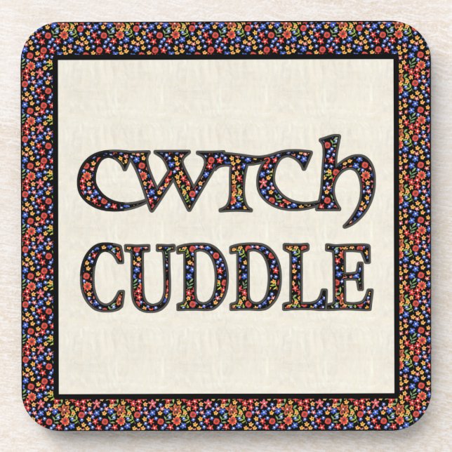 Set of 6 Cork Coasters with Welsh Cwtch and Cuddle (Front)