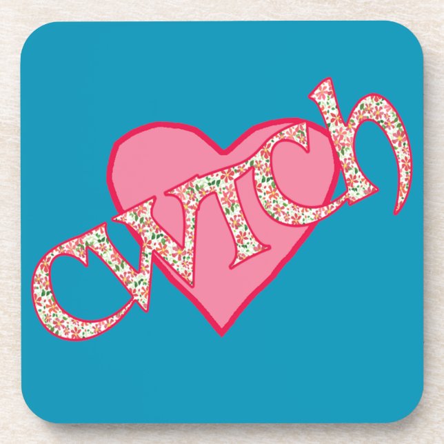 Set of 6 Cork Coasters with Welsh Cwtch and Heart (Front)
