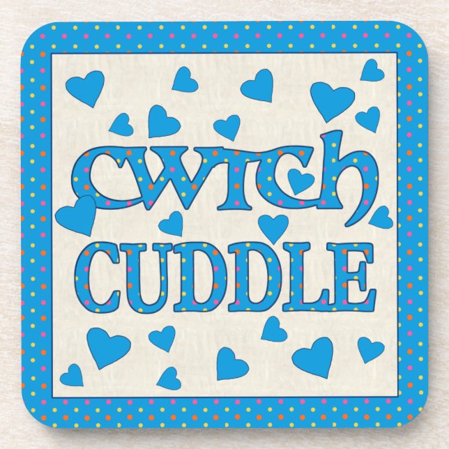 Set of 6 Cork Coasters with Welsh Cwtch and Hearts (Front)