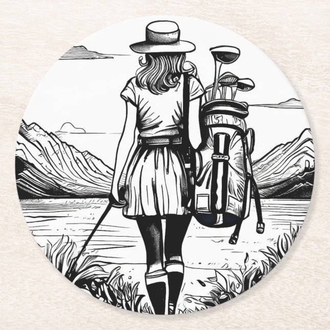 Set of 6 Woman Golfer Paper Coasters (Front)