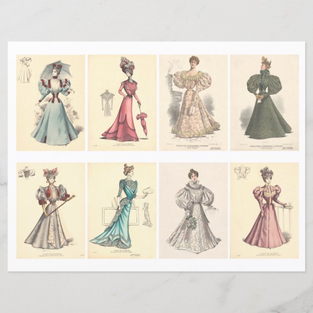 Set of 8 Victorian Fashion ATC Cards Collage Sheet (Front)