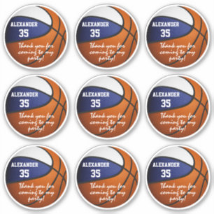 set of 9 blue white basketball party favour label