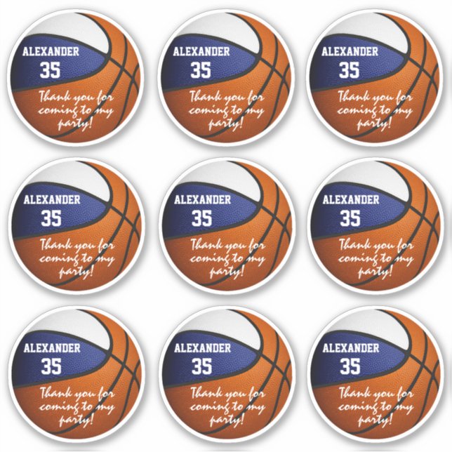 set of 9 blue white basketball party favour label (Front)