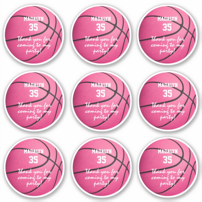 set of 9 pink basketball party sports favour label (Front)