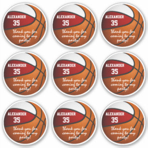 set of 9 red white basketball party favour label