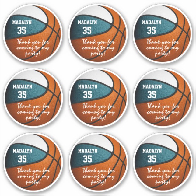 set of 9 teal white basketball party favour label (Front)