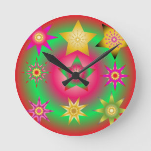 set of abstract spherical luminous gold stars round clock