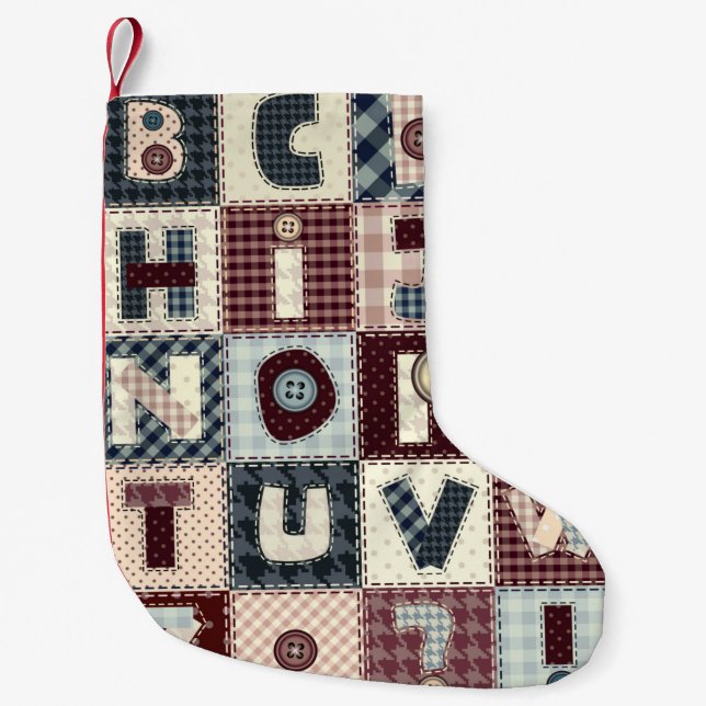 Set of alphabets letters in patchwork style. May b Small Christmas Stocking (Front)