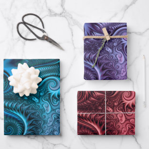 Set of Blue Lilac and Carmine Spiral Pattern Wrapping Paper Sheet