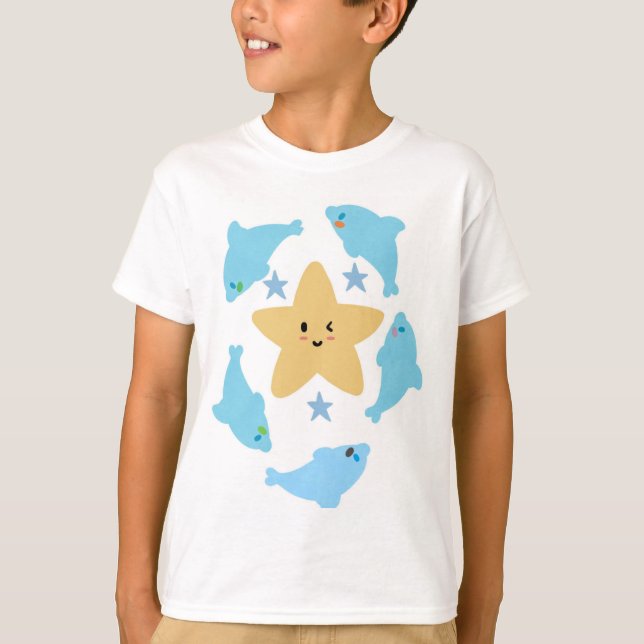 Set of Blue sea Sharks with a Yellow Star T-Shirt (Front)