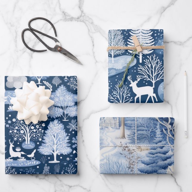 Set of Blue & White Snowy Christmas Wrapping Paper Sheet (Front)