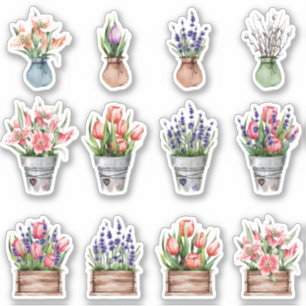 set of bouquets of flowers in pots  sticker