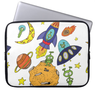 Set of cartoon illustrations about space in bright laptop sleeve