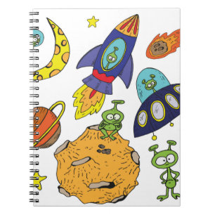 Set of cartoon illustrations about space in bright notebook