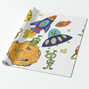 Set of cartoon illustrations about space in bright wrapping paper