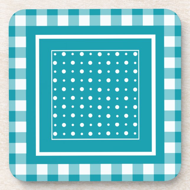 Set of Coasters, Teal Check Gingham and Polka Dots Coaster (Front)