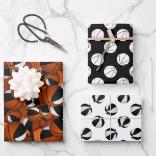 Set of coordinating black white basketball pattern wrapping paper sheet