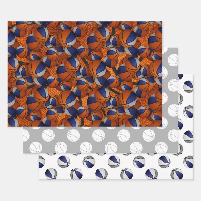 Set of coordinating blue grey basketball pattern wrapping paper sheet (Set)