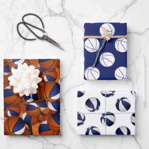 Set of coordinating blue white basketball pattern wrapping paper sheet