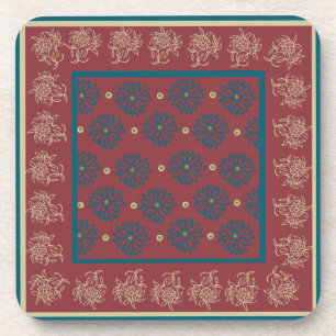 Set of Cork-backed Coasters, Maroon, Blue Floral Coaster