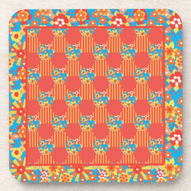 Set of Cork-backed Coasters Orange, Blue Patchwork (Front)