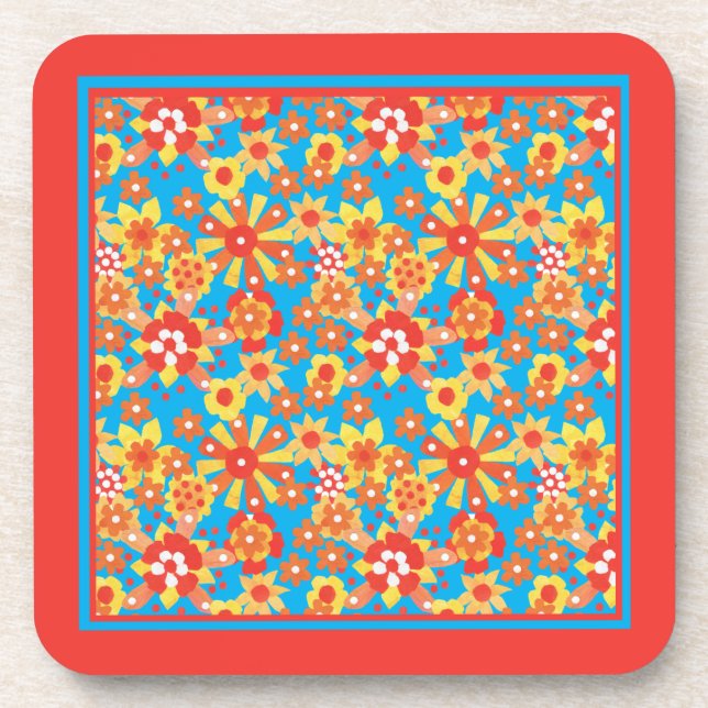 Set of Cork-backed Coasters, Orange Ditsy Floral Coaster (Front)
