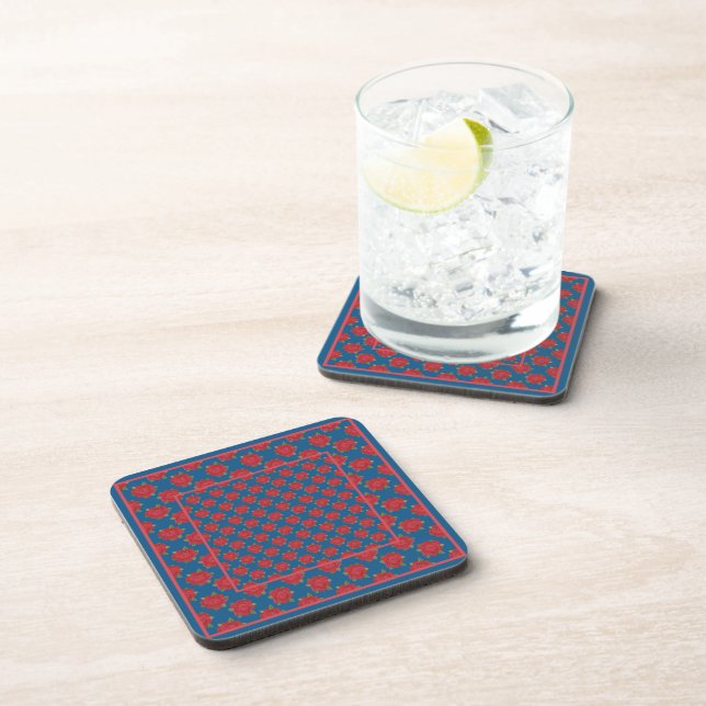 Set of Cork-backed Coasters: Red Roses on Blue Coaster (Right Side)