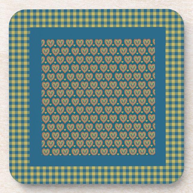 Set of Cork Coasters, Hearts and Check Gingham Coaster (Front)