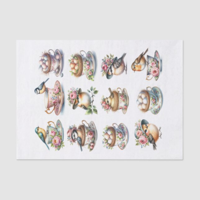 Set of Cute Birds with Hats Sitting in Tea Cups Tissue Paper (Front)