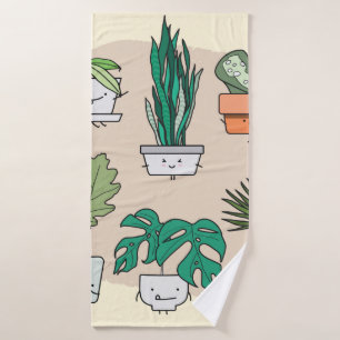 Set of cute house plants in pots. Colorful botanic Bath Towel